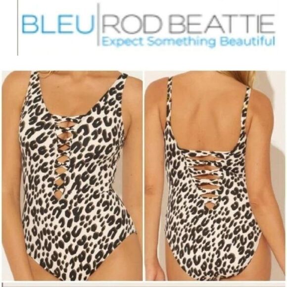 New with tags Bleu Rod Beattie Animal Print Lace Down Twist Front One-Piece Swim - Picture 2 of 15